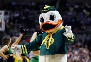 Mar 21, 2013; San Jose, CA, USA; Oregon Ducks mascot during a timeout against the Oklahoma State Cowboys during the first half of the second round of the 2013 NCAA tournament at HP Pavilion. Mandatory Credit: Kelley L Cox-USA TODAY Sports